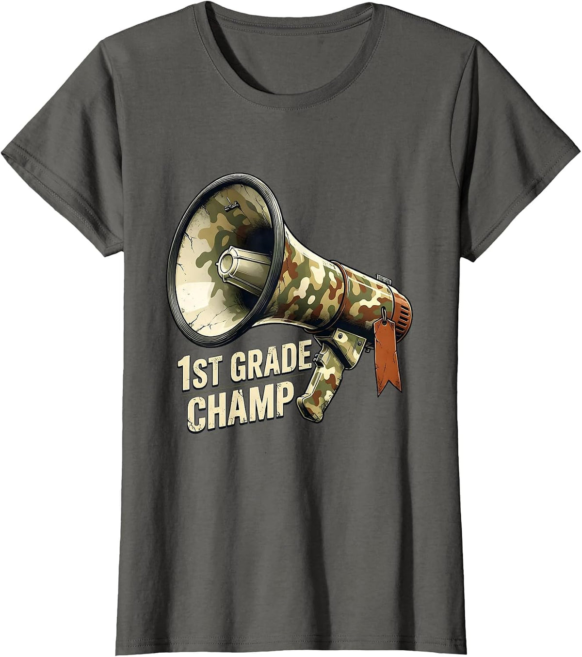 Women's 1st Grade Champ Distressed Camo School Megaphone Back T-Shirt - Asphalt Grey