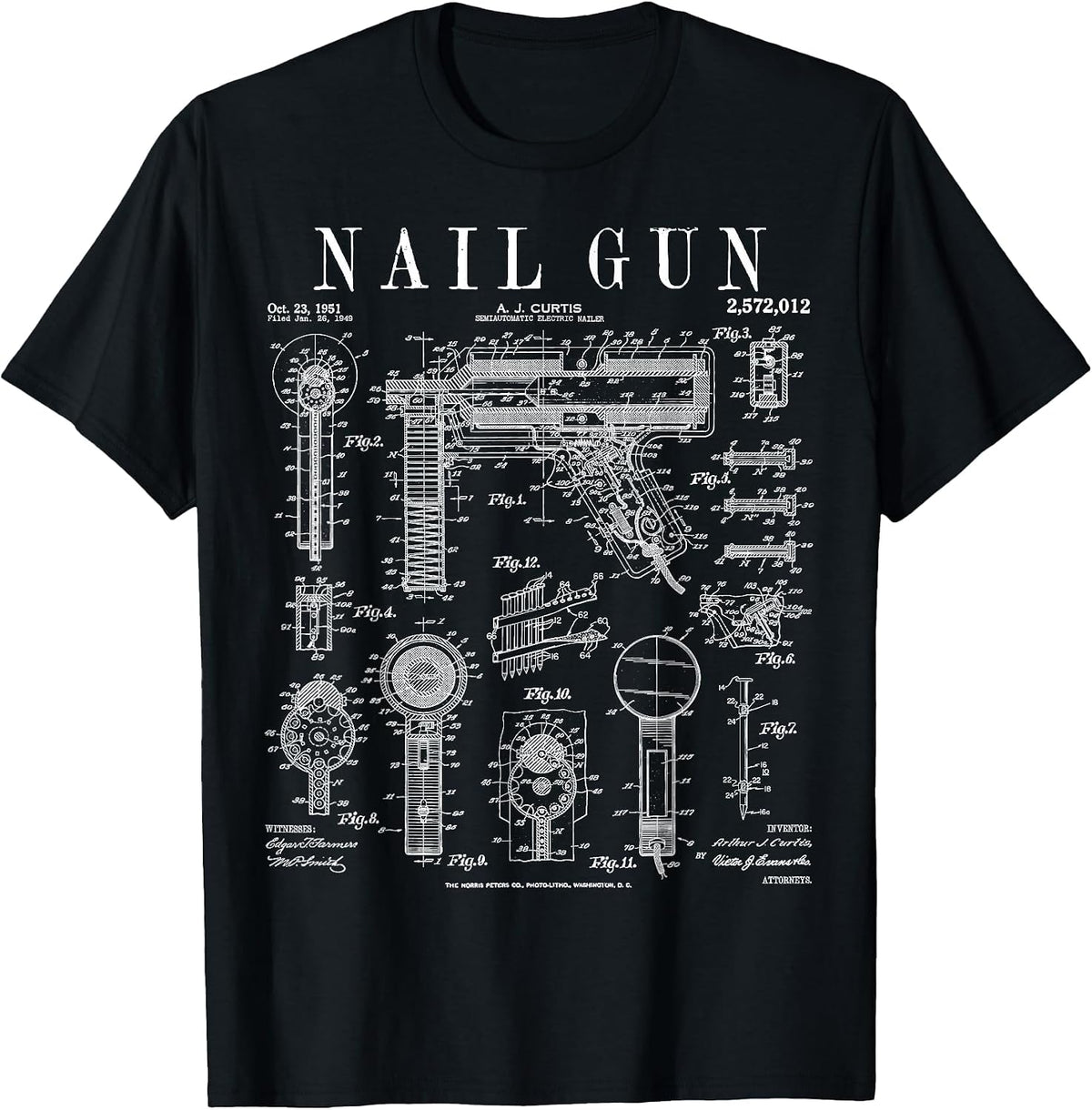Carpenter Builder Construction Nail Gun Vintage Patent T-Shirt - Black
