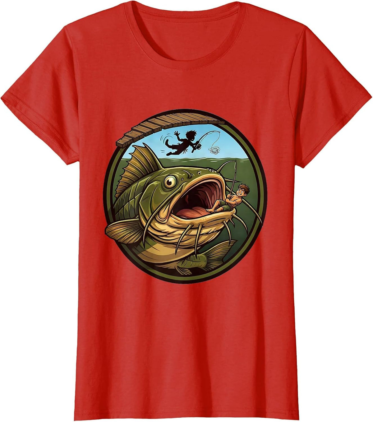 Giant Catfish Drags Kid Off Pier Fishing Graphic T-Shirt - Red