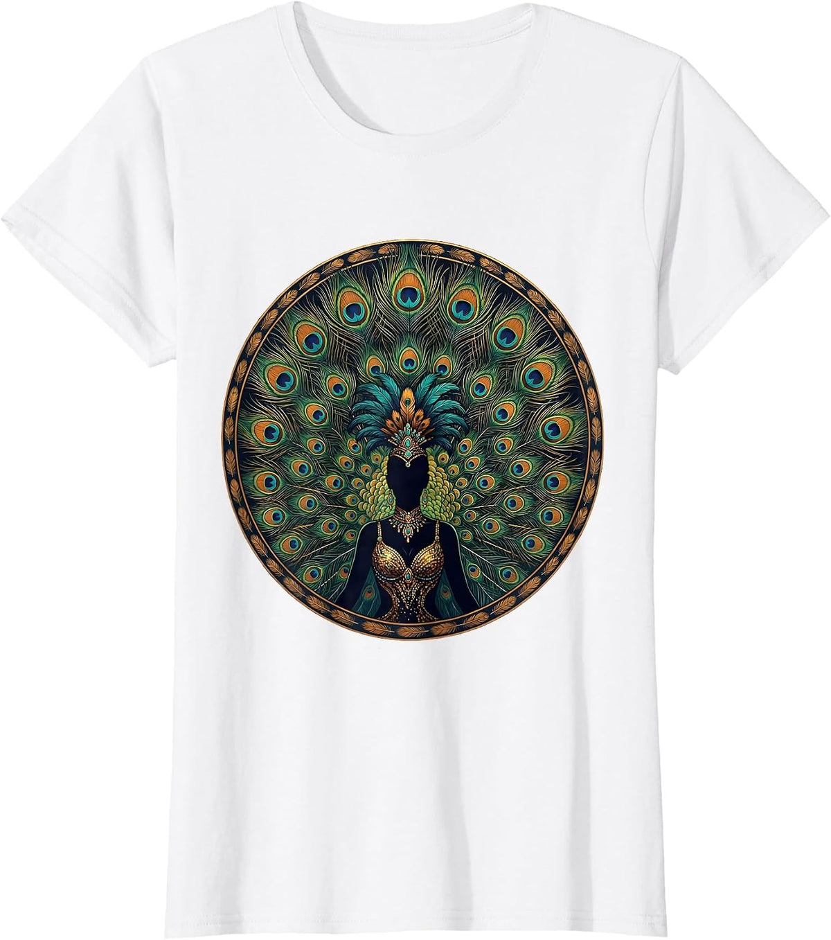 Showgirl Fan Dancer Peacock Feathers Graphic T-Shirt - White