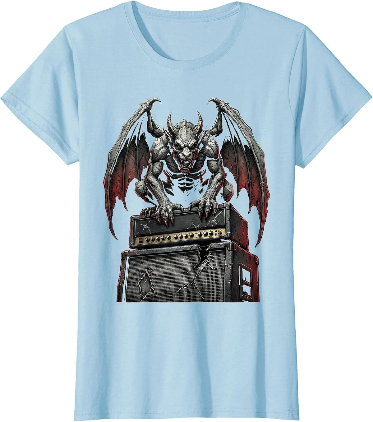 Women's Gargoyle Amplifier Stack Grunge Illustration T-Shirt - Baby Blue