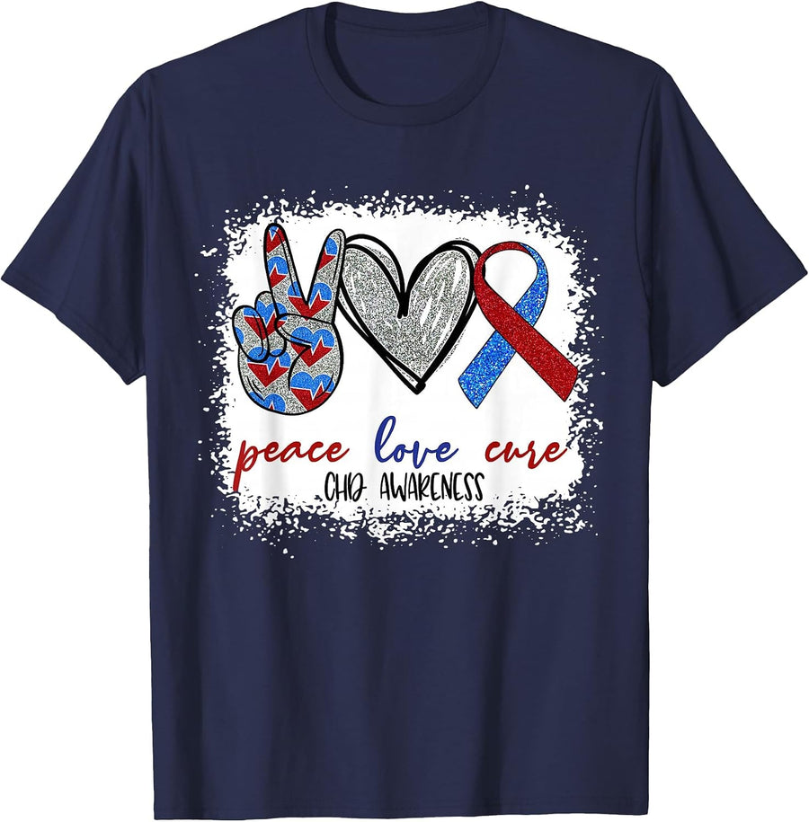 Red & Blue Peace Love Cure CHD Awareness Month Heart Warrior T-Shirt - Navy Blue