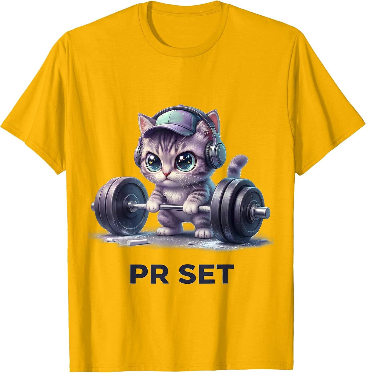 Men's PR Set Cute Kawaii Cat Weightlifting Gym Humor T-Shirt - Golden Yellow