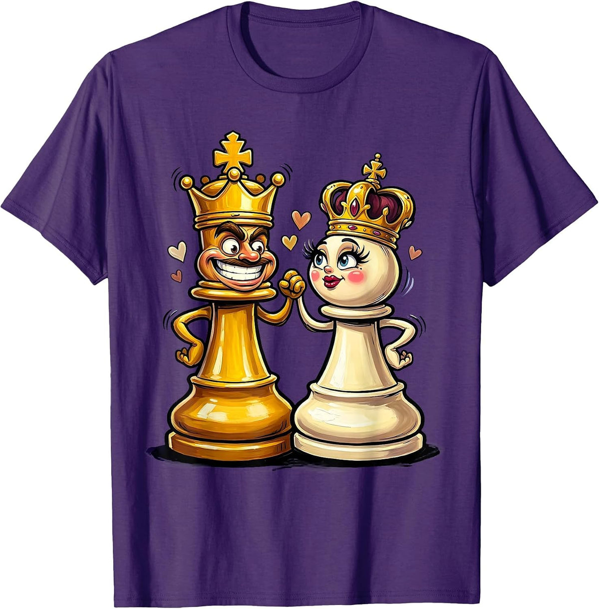 King and Queen Chess Piece Couples Design T-Shirt - Purple