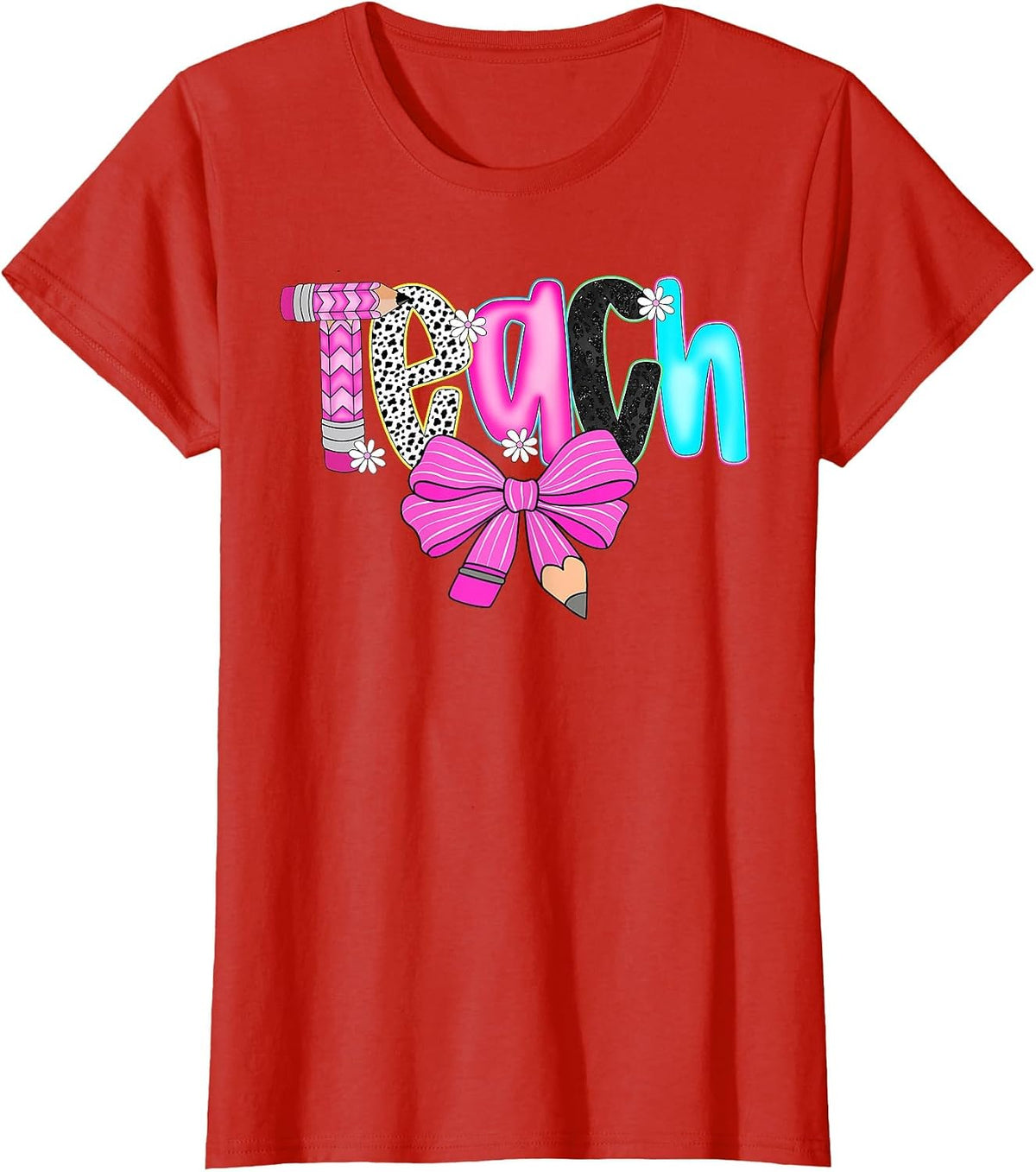 Teach Teacher Coquette Bow Pencil First Day Back to School T-Shirt - Red