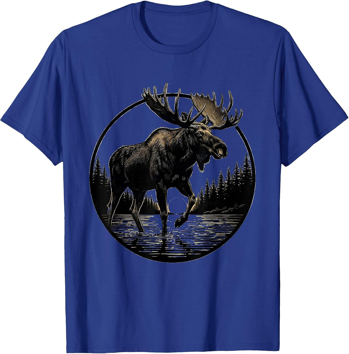 Moose Wading Through a Misty Morning River T-Shirt - Royal Blue