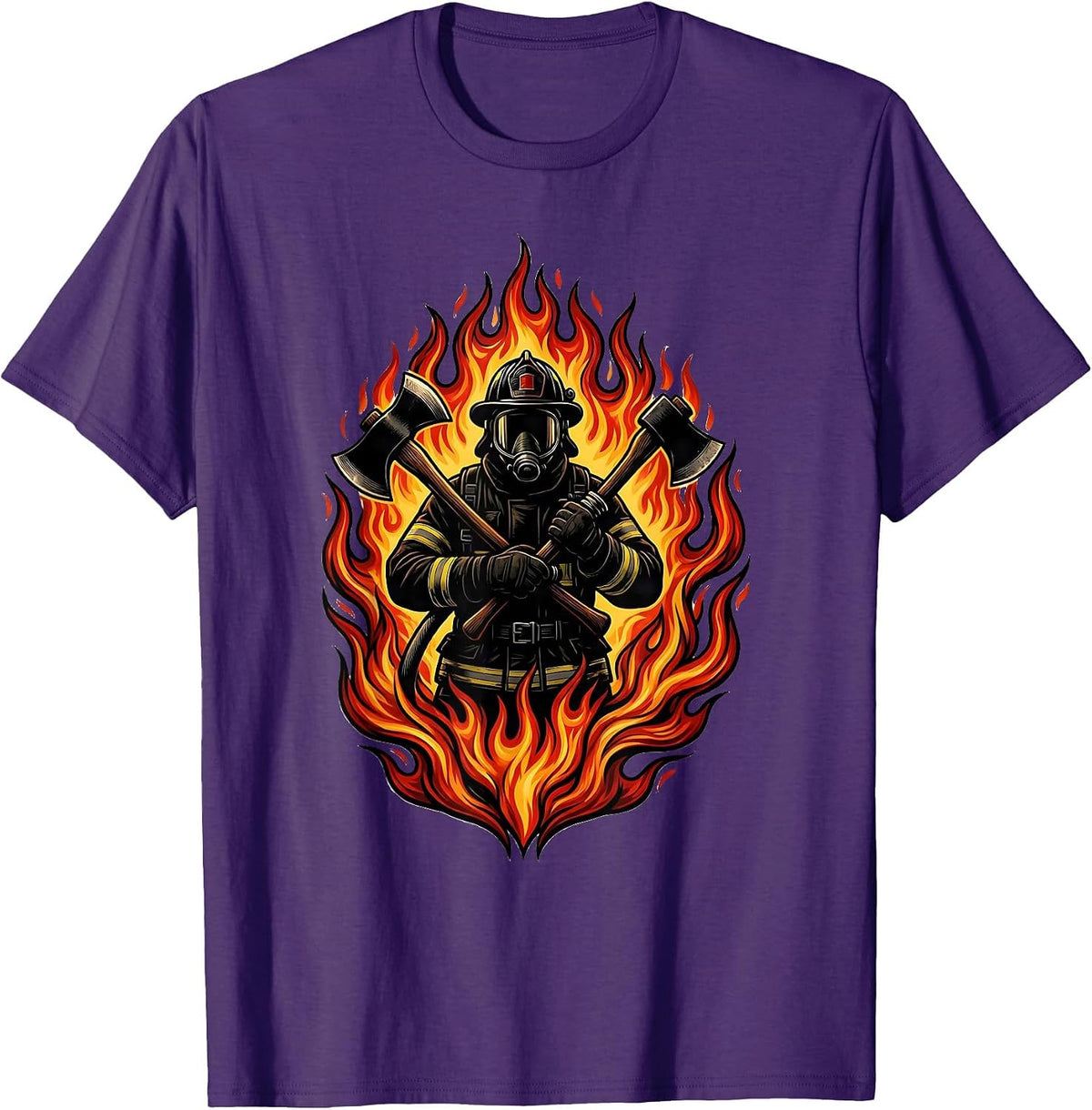 Firefighter Silhouette Against Wall of Flames T-Shirt - Purple