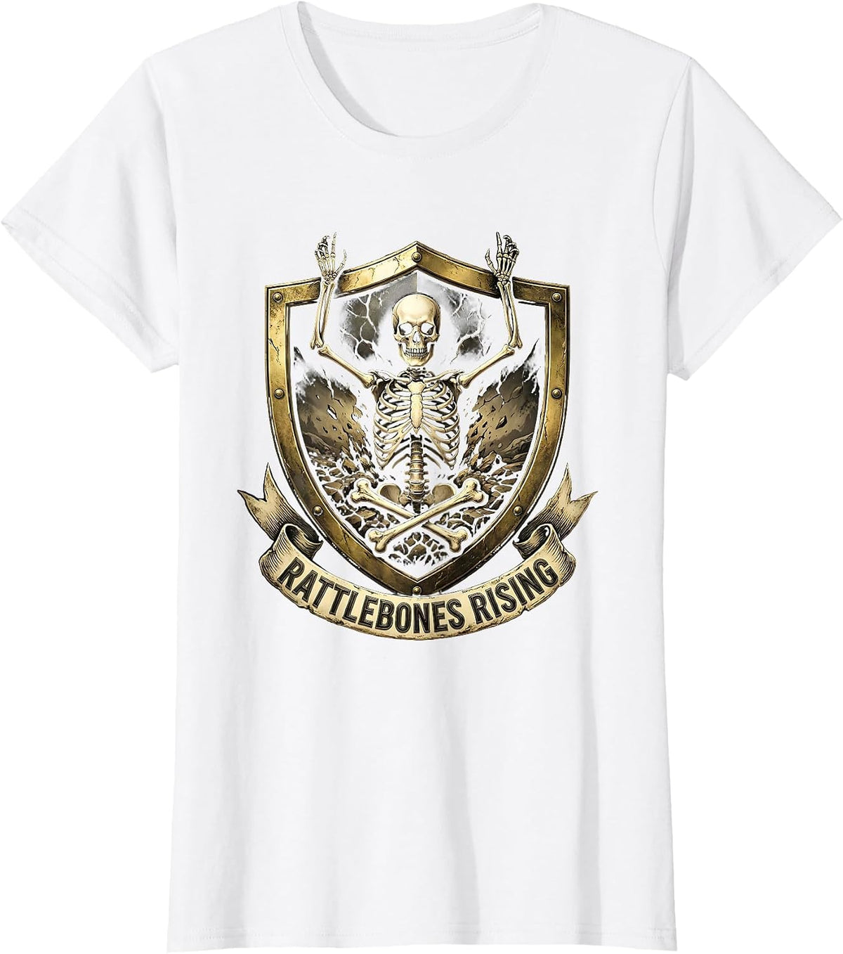Rattlebones Rising Dark Skeleton Graphic Design T-Shirt - White