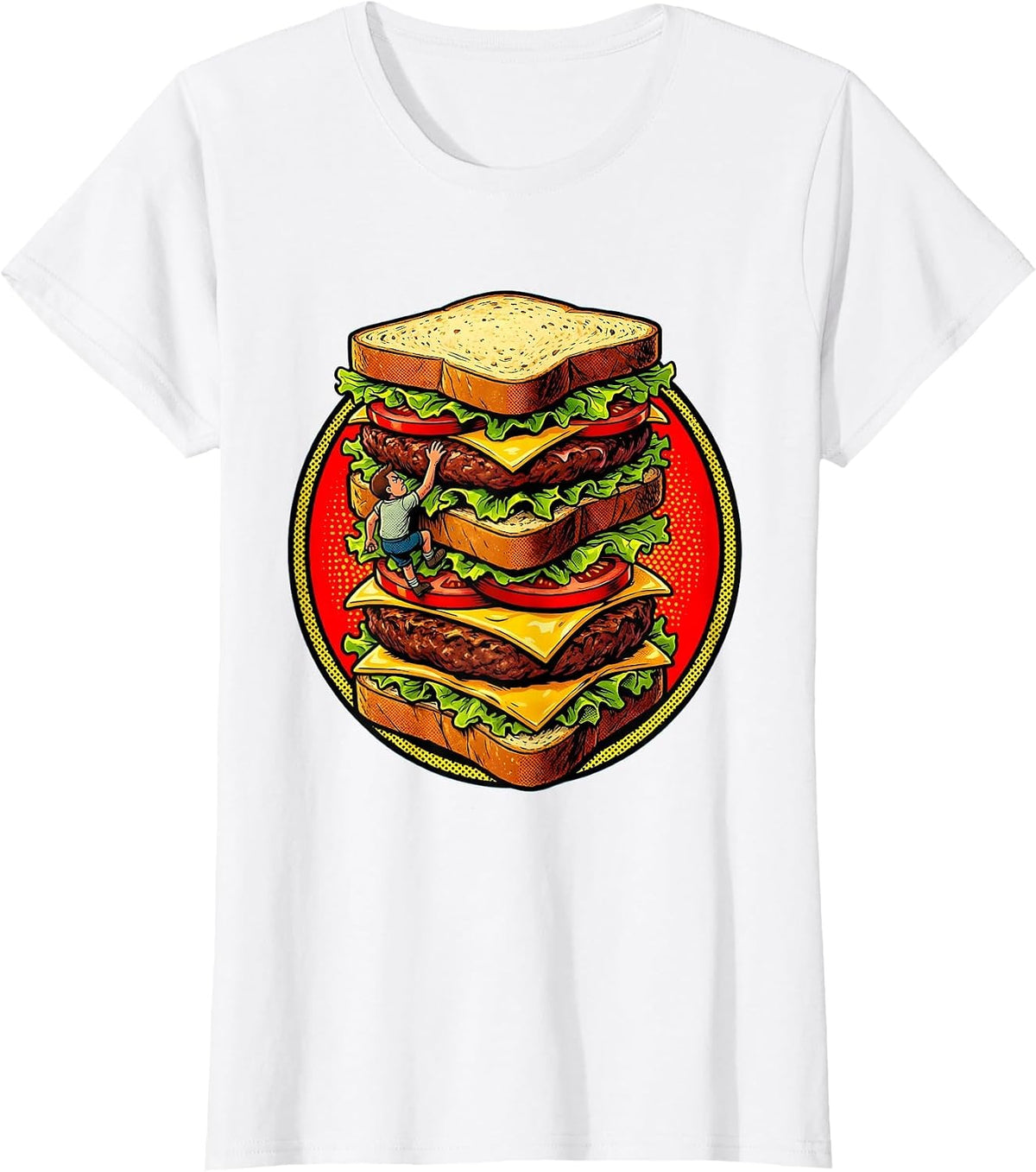 Tiny Man Climbing a Giant Stacked Sandwich T-Shirt - White