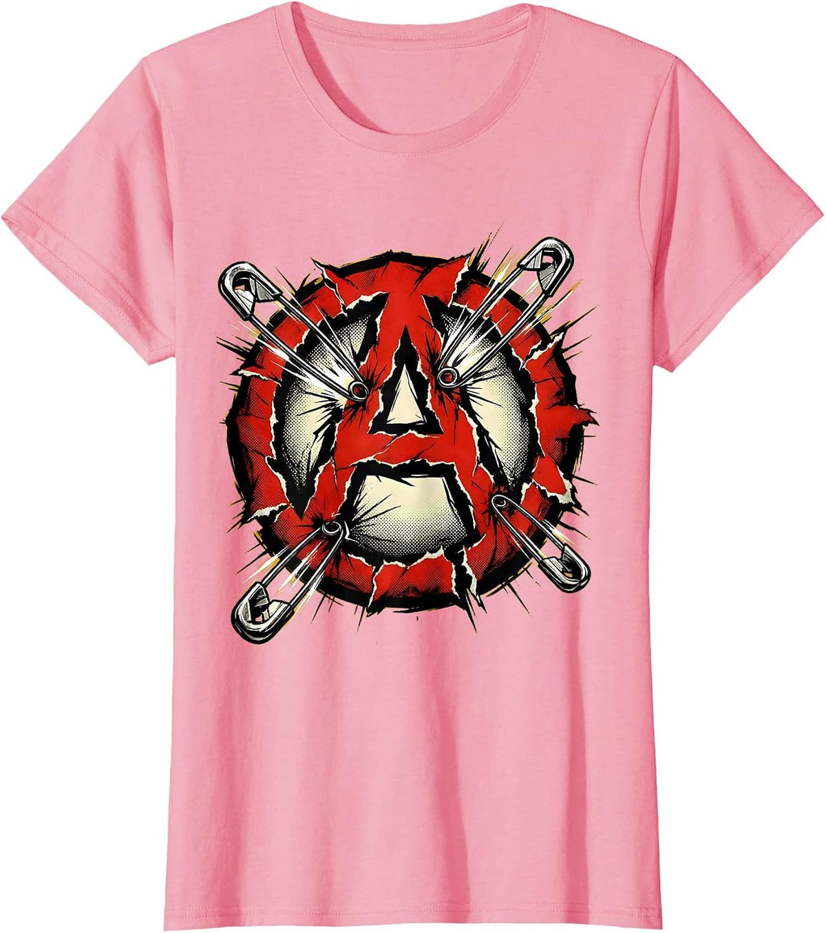 Women's Punk Anarchy Symbol Ripped Safety Pin Design T-Shirt - Pink