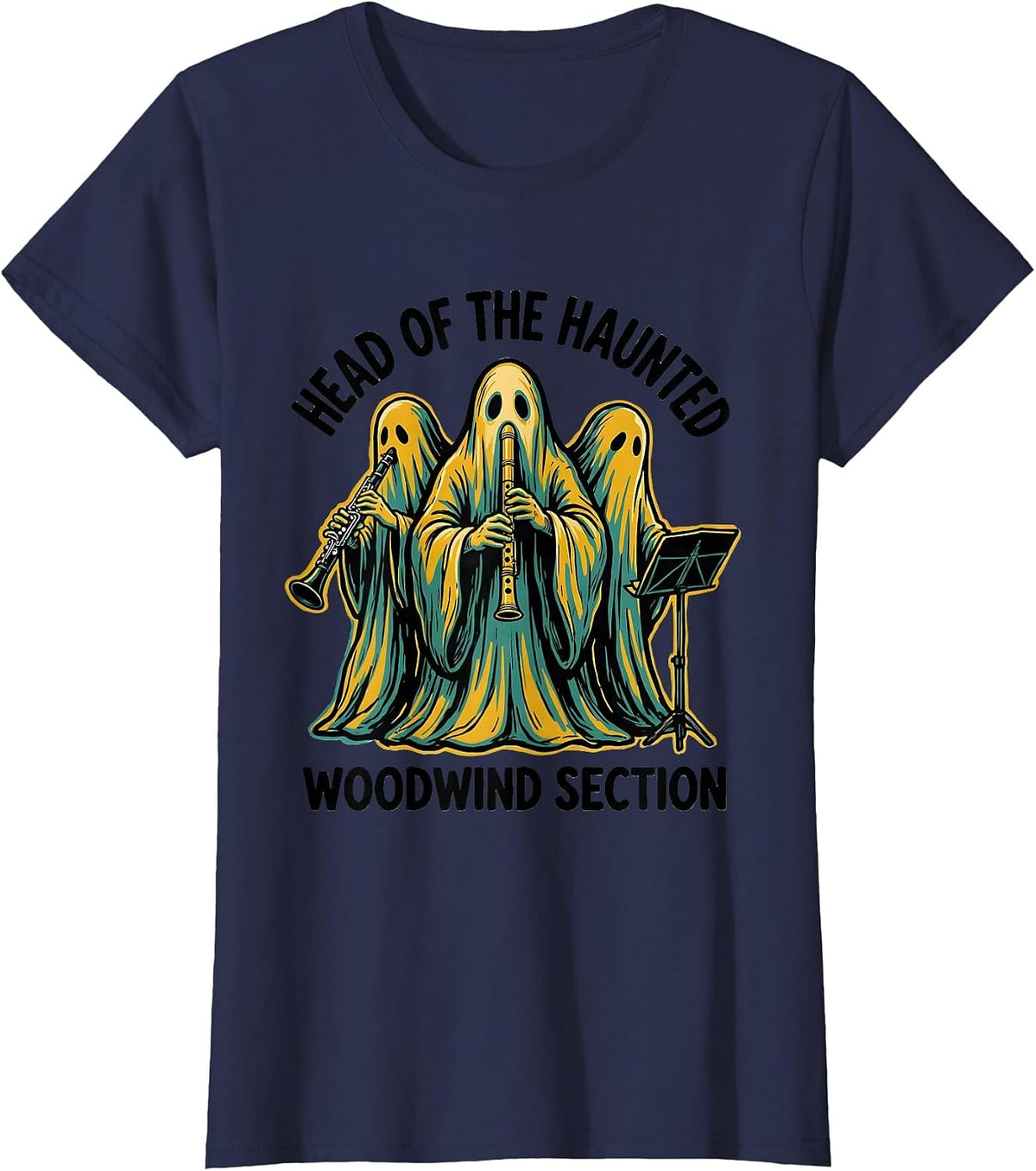 Women's Head of the Haunted Woodwind Section Whimsical Music Teacher T-Shirt - Navy Blue