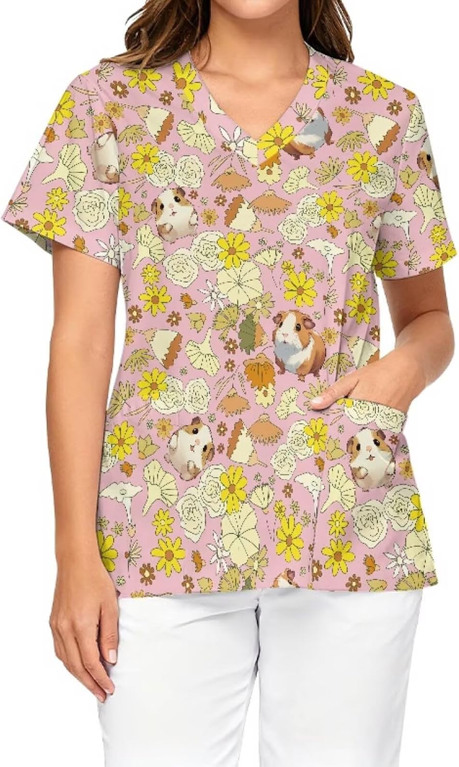 Printed Scrub Tops for Women, Soft Stretch Fabric V-Neck & Short Sleeve Medical Nurse Uniform Shirts with 2 Pockets - Pink -
