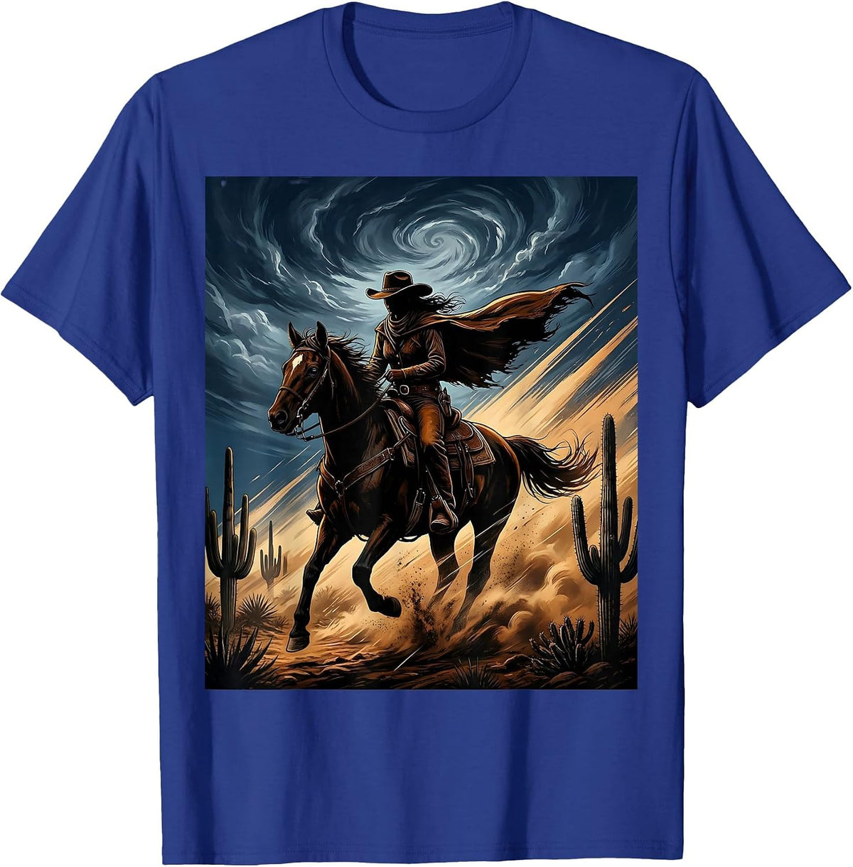 Cowgirl Riding Horse Through Desert Storm T-Shirt - Royal Blue