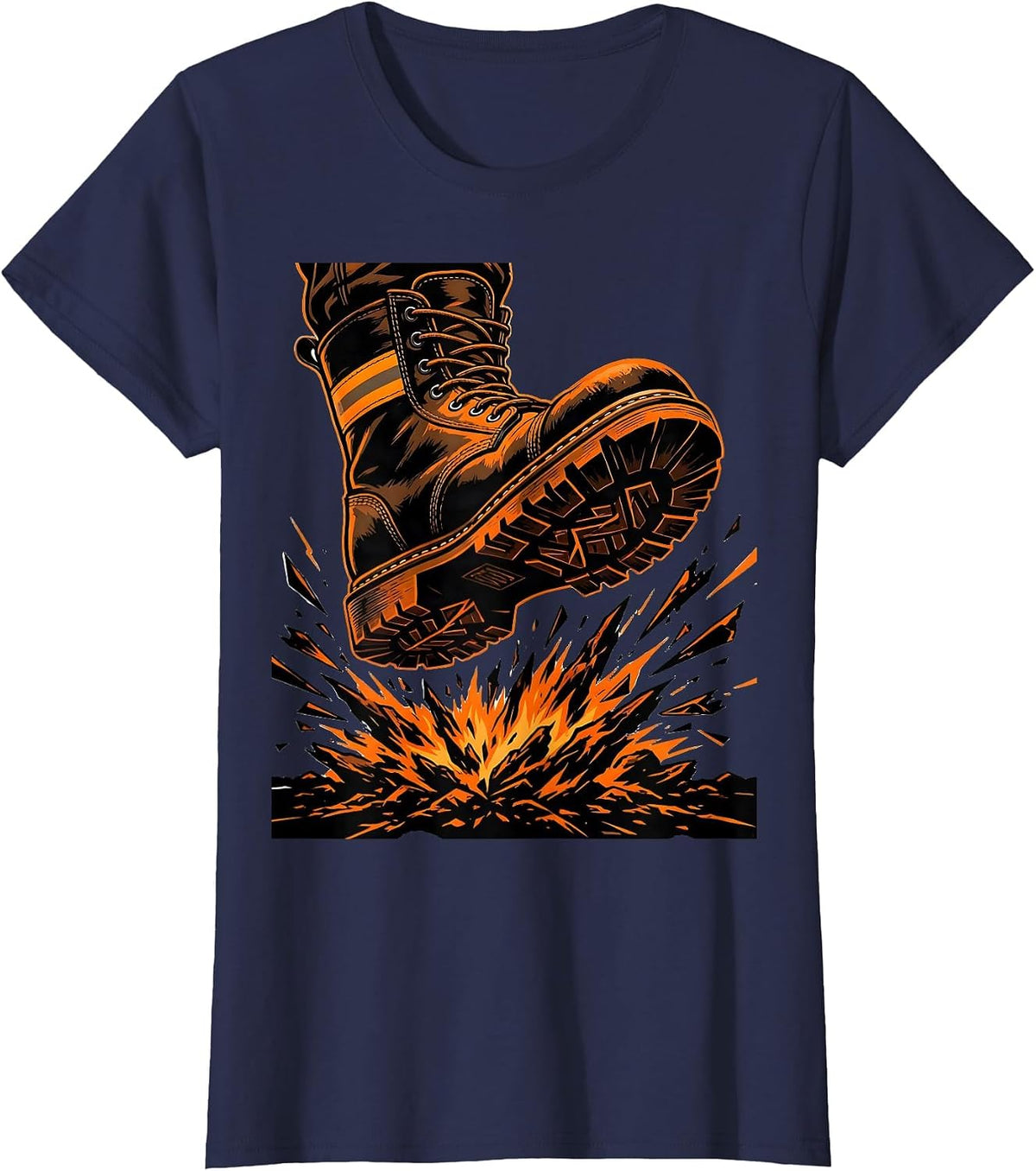 Women's Firefighter Boot Stomping Embers Graphic Tee T-Shirt - Navy Blue