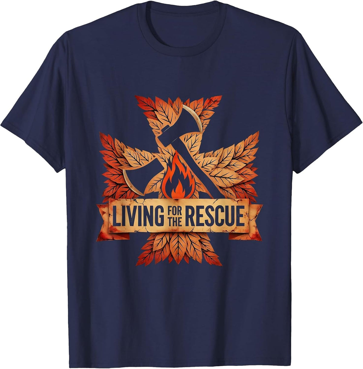 Living for the Rescue Firefighter Design T-Shirt - Navy Blue