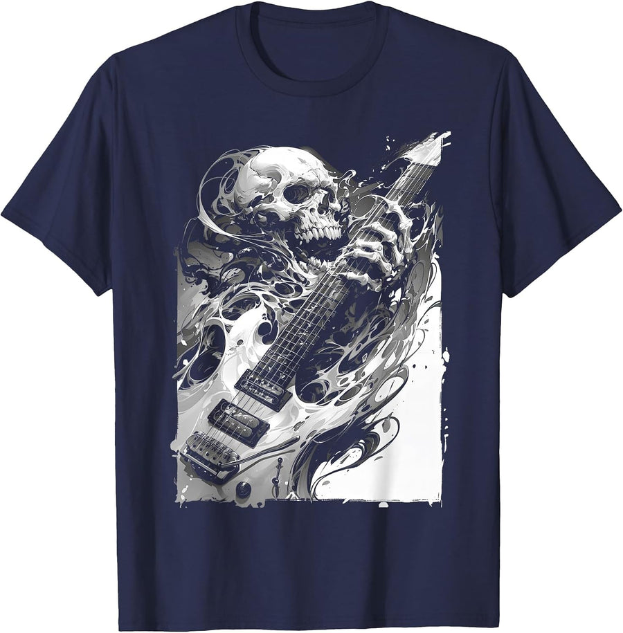 Skeleton Playing Guitar,Rock Star Shredding Guitar T-Shirt - Navy Blue