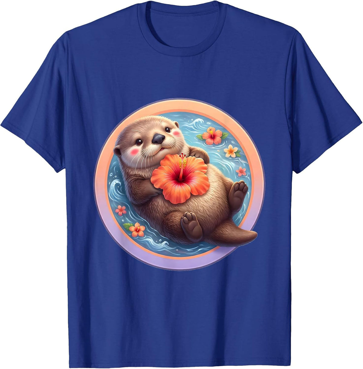 Hawaiian Sea Otter Floating With Flower Illustration T-Shirt - Royal Blue