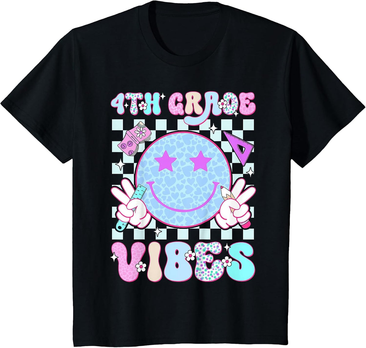 4th Fourth Grade Vibes Smile Face Back to School Teacher T-Shirt - Black