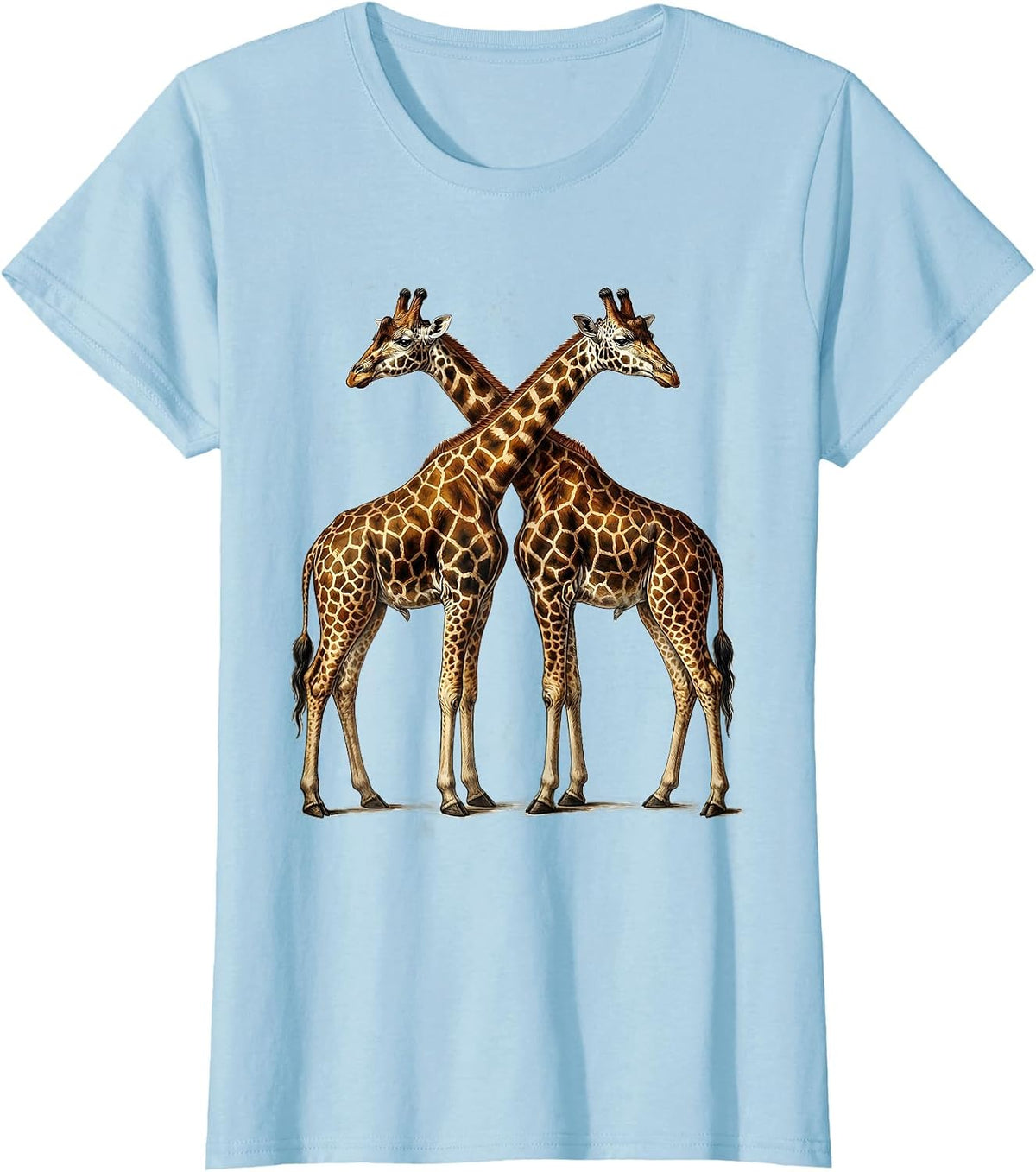 Two Giraffes Heart Neck Cross Love Wildlife Art T-Shirt - Baby Blue