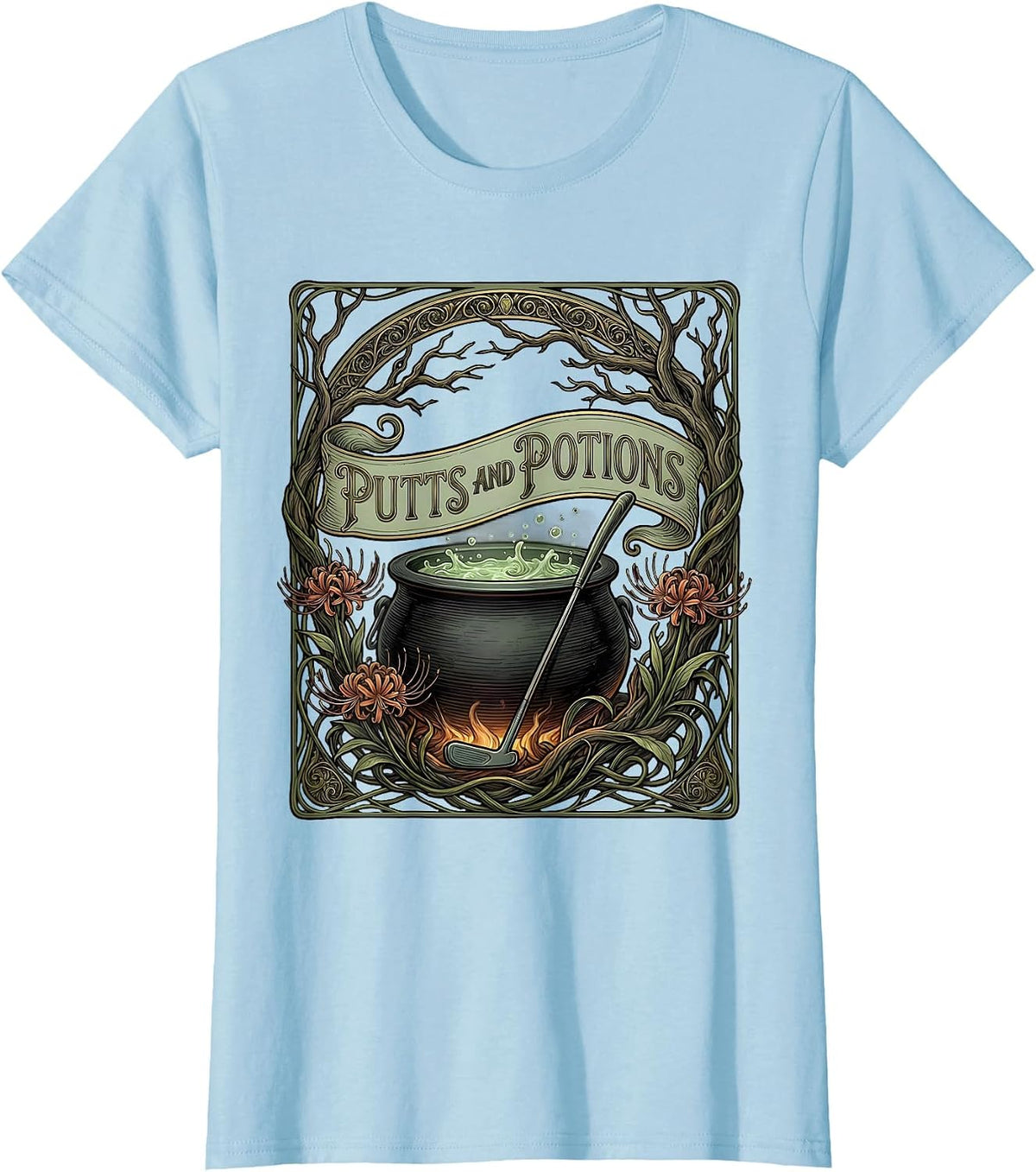 Putts and Potions Halloween Golf Design T-Shirt - Baby Blue
