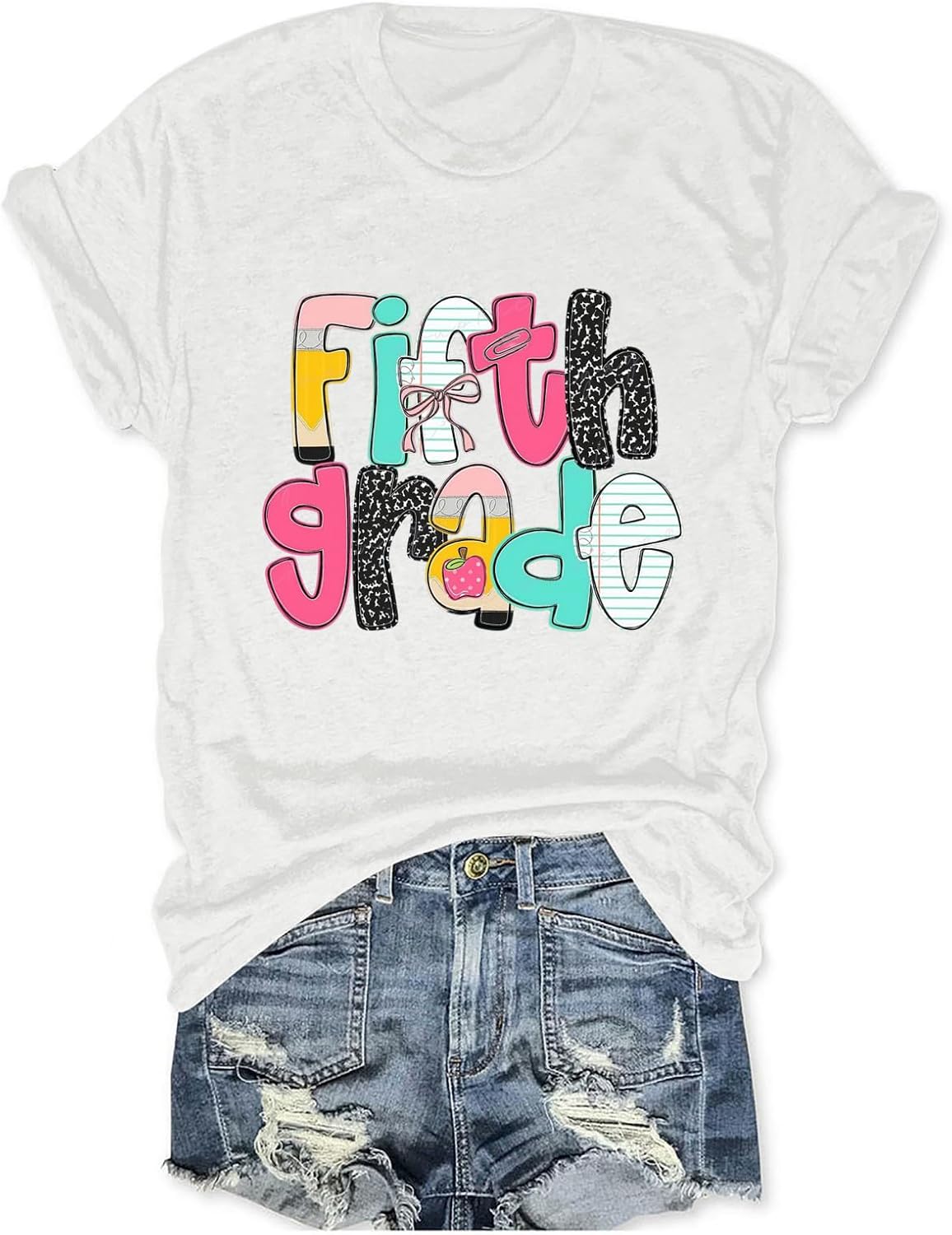 Fifth Grade Teacher Shirts Women Cute 5th Teaching Life Graphic Tee Shirt - White