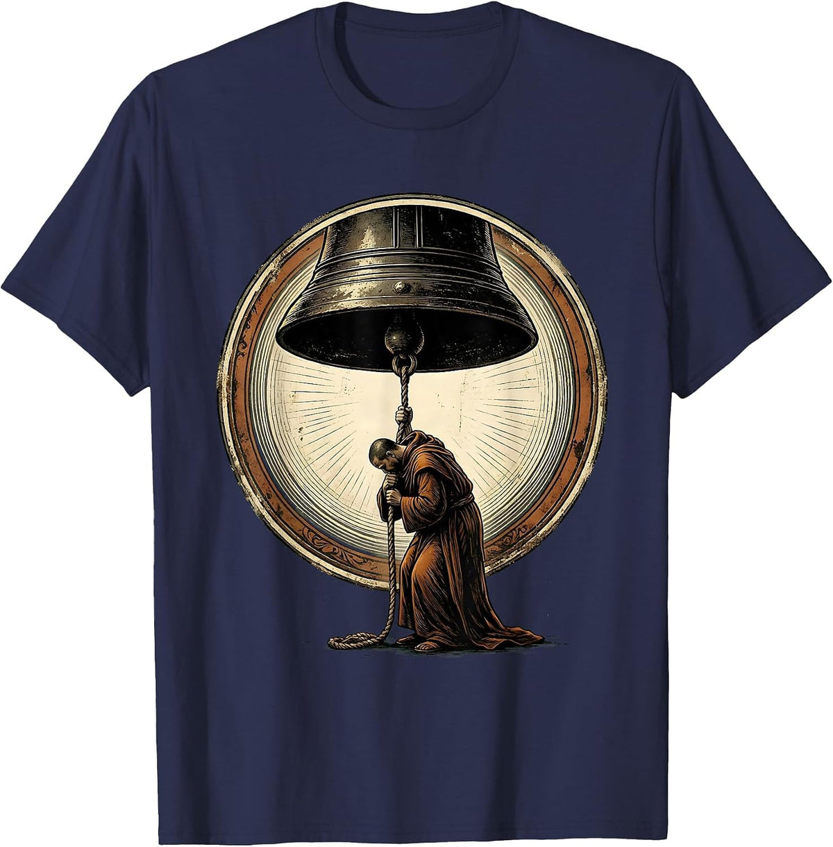 Monk Ringing Iron Bell at Dawn Graphic T-Shirt - Navy Blue