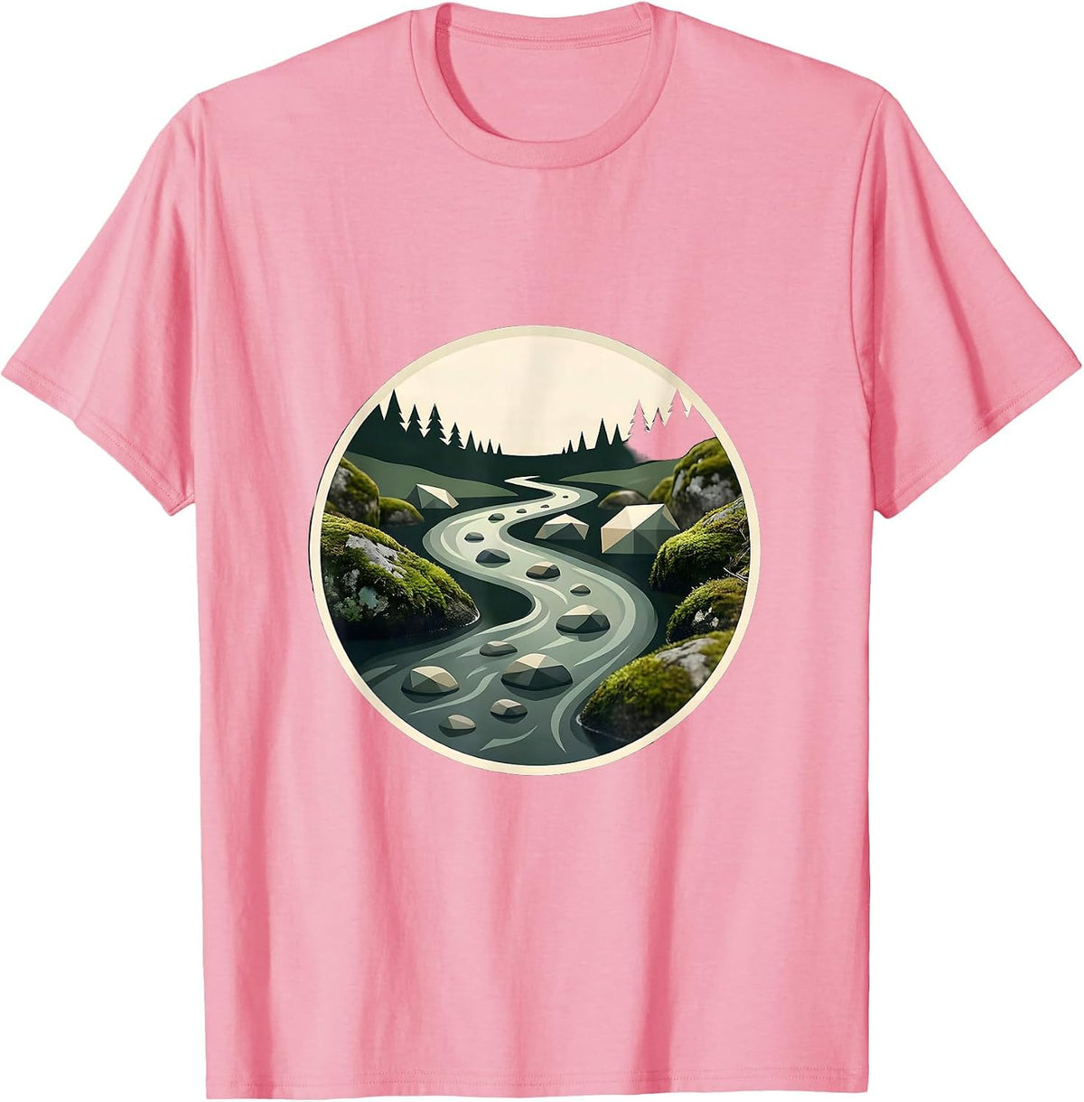 Men's Creek Winding Through Mossy River Stones T-Shirt - Pink