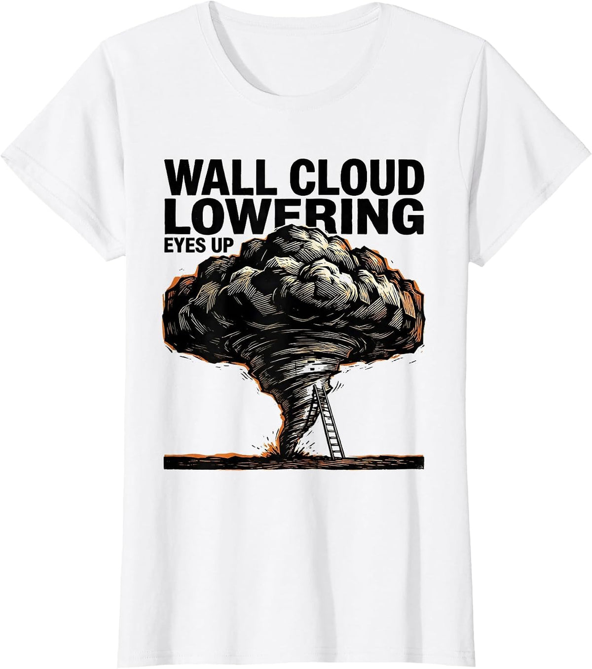 Women's Wall Cloud Lowering Eyes Up Linocut Tornado Chaser T-Shirt - White