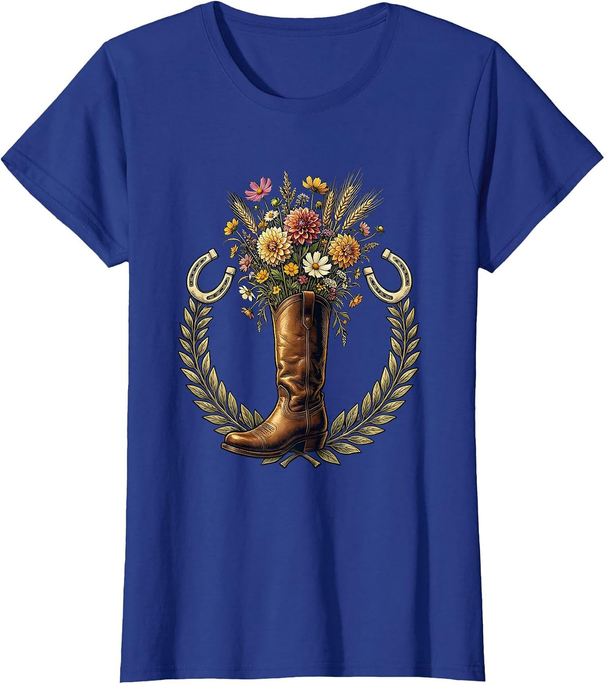Women's Derby Floral Riding Boot Fall Fashion Graphic T-Shirt - Royal Blue
