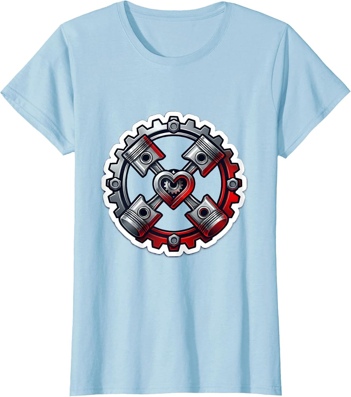 Women's Engine Piston Mechanical Heart Car Graphic T-Shirt - Baby Blue