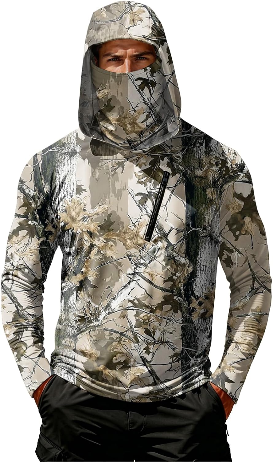 Camo Long Sleeve Shirt Men Sun Protection Hooded Fishing Shirts with Face Mask Lightweight Uv Upf 50 Hunting Shirt -