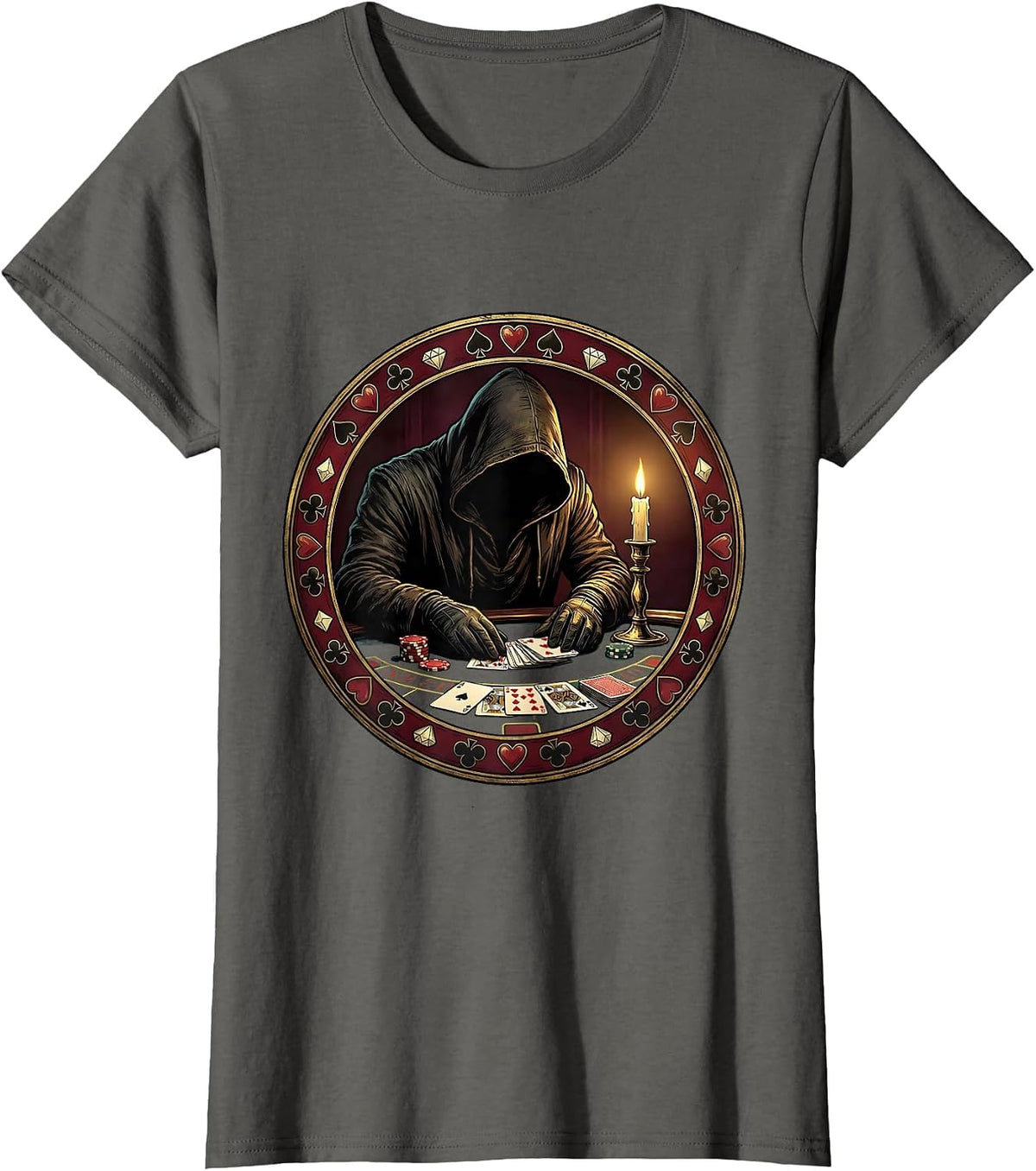 Women's Shadowed Casino Figure Gambling Graphic Tee T-Shirt - Asphalt Grey