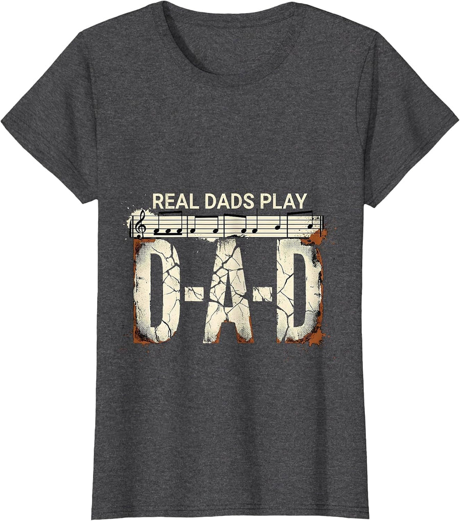 Women's Real Dads Play D-A-D Distressed Guitar Dad Humor T-Shirt - Dark Heather Grey
