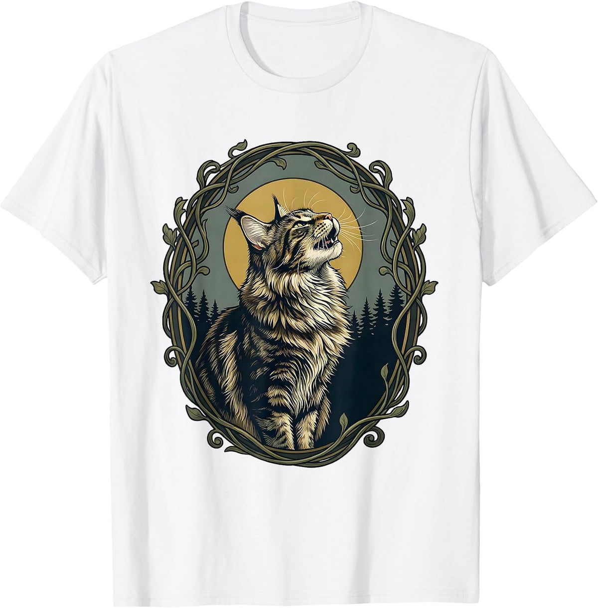 Men's Maine Coon Cat Howling at Moon Art Nouveau Whimsical T-Shirt - White