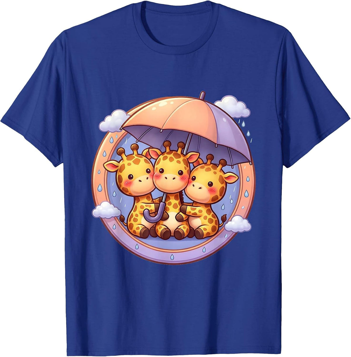 Three Giraffes Sharing an Umbrella Illustration T-Shirt - Royal Blue