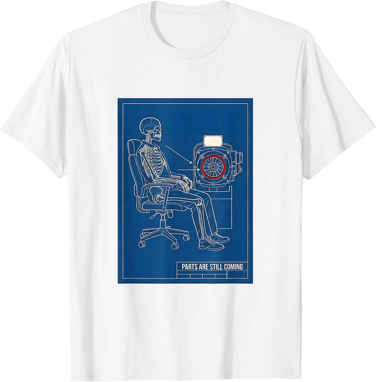 Men's PARTS ARE STILL COMING Technical Blueprint Mechanic Skeleton T-Shirt - White