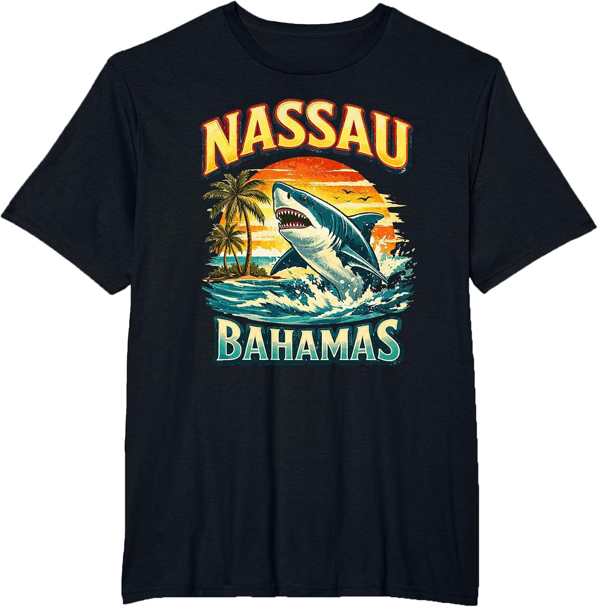 Nassau Bahamas Shark Beach Sunset Graphic T-Shirt - Black