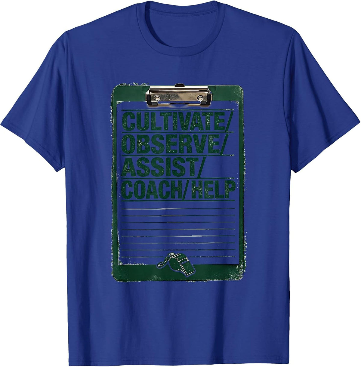 Men's CULTIVATE OBSERVE ASSIST COACH HELP Rubber Stamp Coach T-Shirt - Royal Blue
