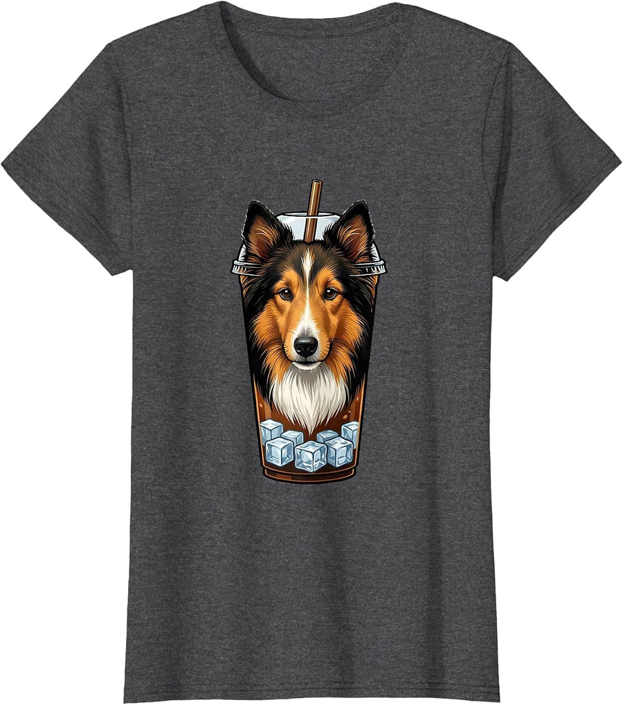 Women's Iced Coffee Shetland Sheepdog Dog Lover Meme Humor T-Shirt - Dark Heather Grey