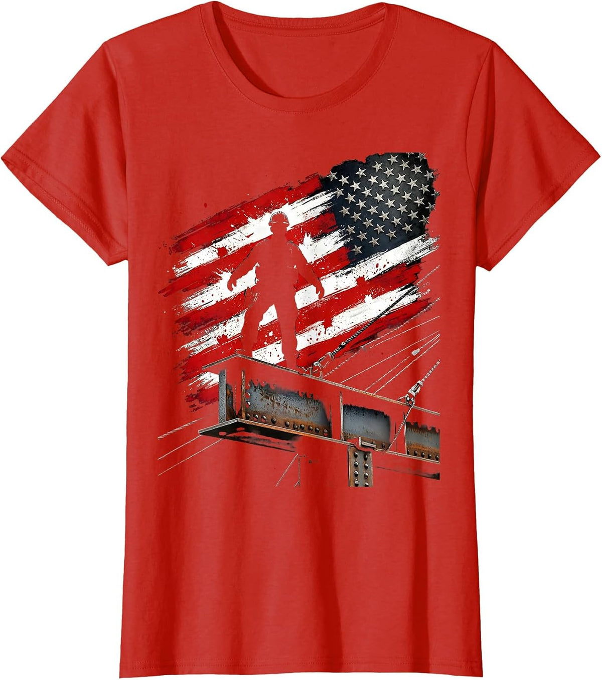 Women's Steelworker Silhouette on Bridge Beam American T-Shirt - Red