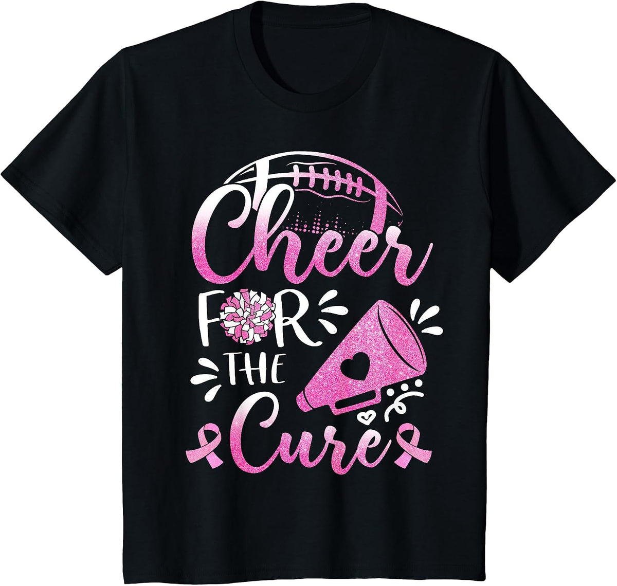 Womens Breast Cancer Awareness Cheer for The Cure Football T-Shirt - Black