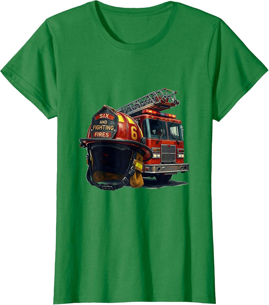 Women's Six And Fighting Fires Fire Truck Kids Firefighter Birthday T-Shirt - Kelly Green