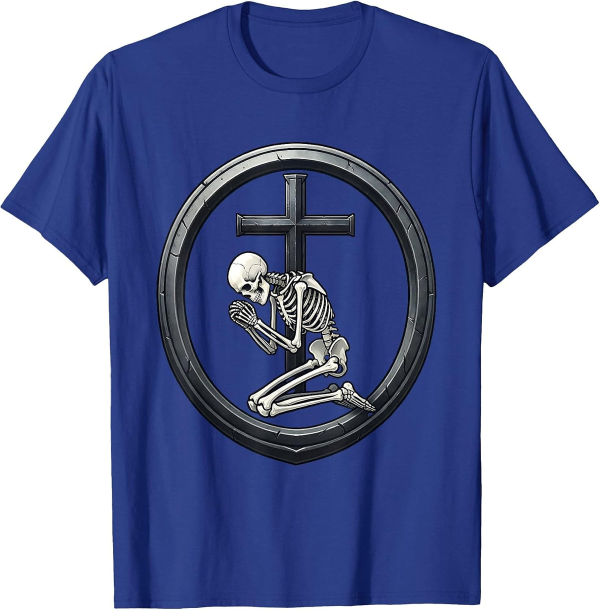 Men's Skeleton Kneeling Before Iron Cross Gothic Art T-Shirt - Royal Blue
