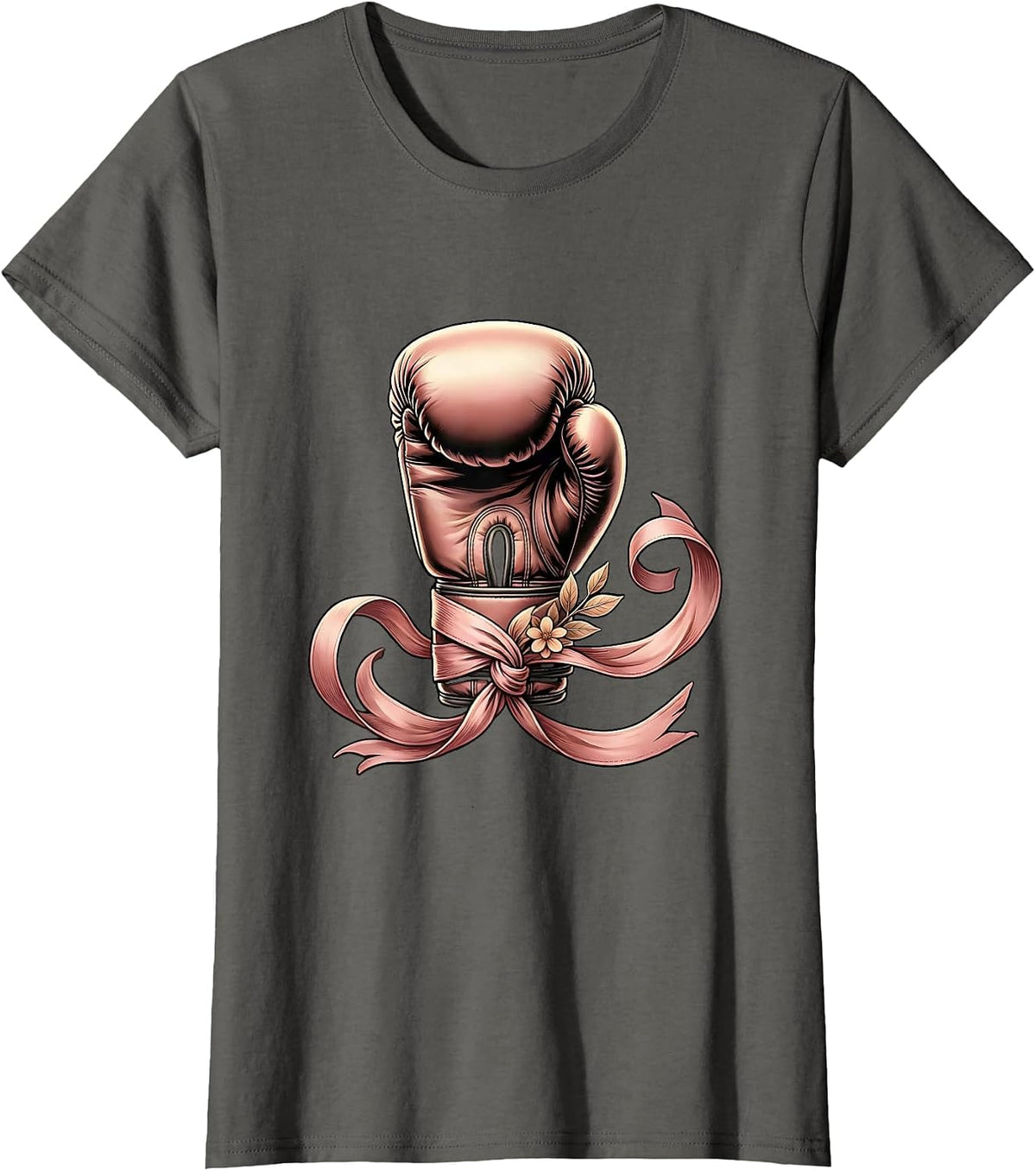 Women's Pink Ribbon Boxing Fist Breast Cancer Awareness T-Shirt - Asphalt Grey