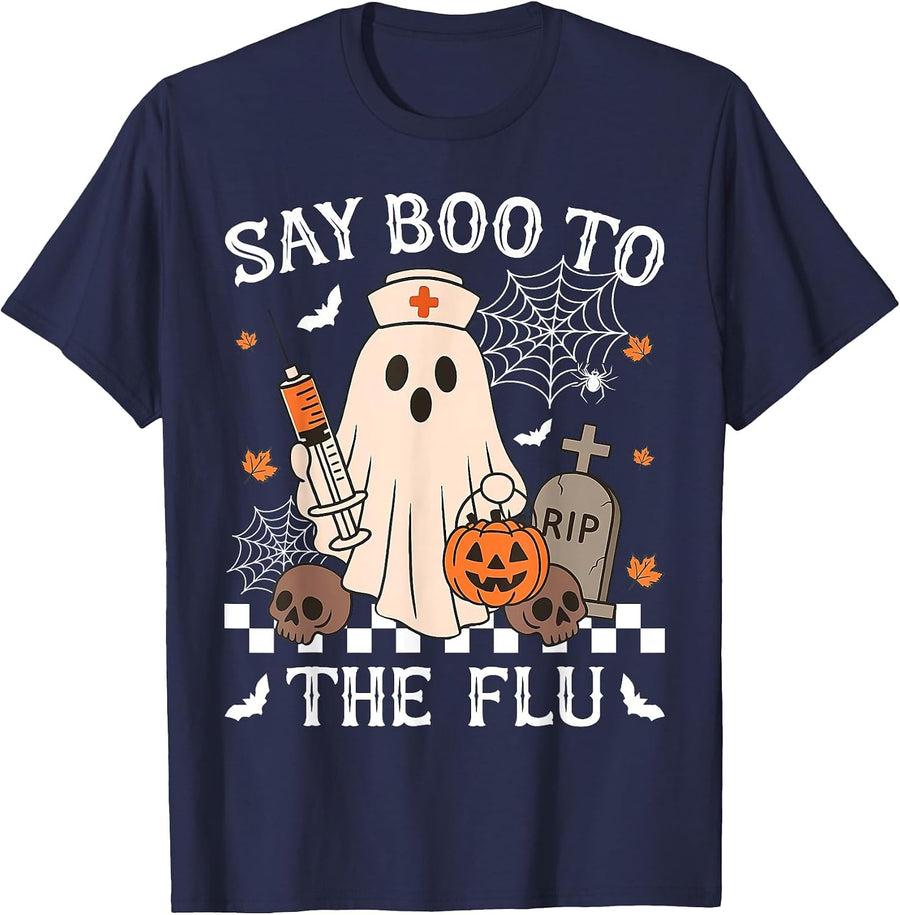Retro Nurse Ghost Halloween Vaccine Say Boo to The Flu T-Shirt - Navy Blue