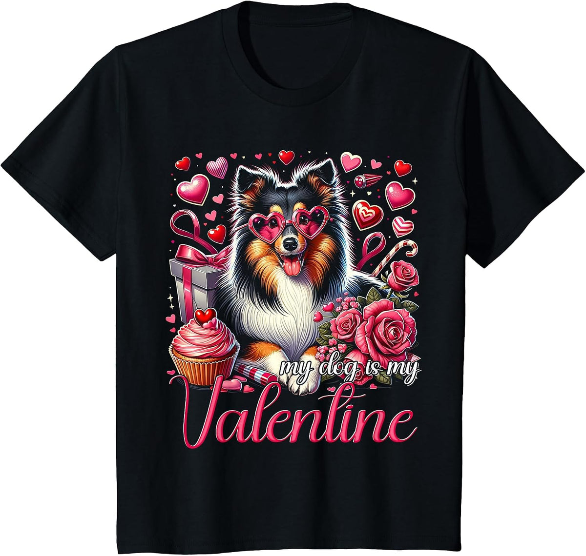My Shetland Sheepdog is My Valentine Dogs Lovers Sheltie T-Shirt - Black