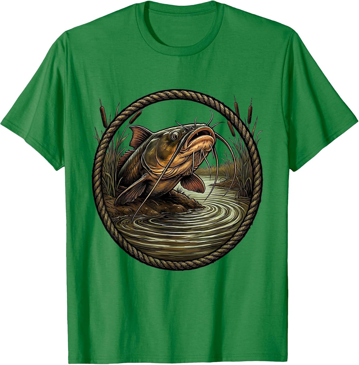 Men's Catfish Whiskers Muddy Riverbank Fishing Graphic T-Shirt - Kelly Green