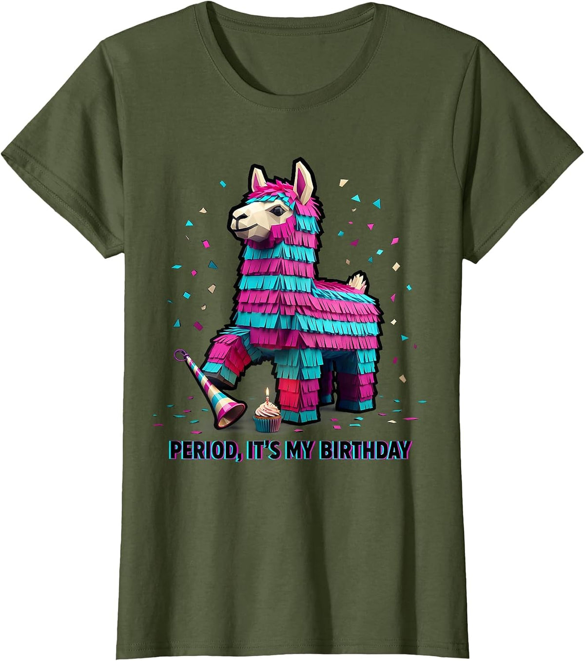 Women's Period, It's My Birthday Bold Llama Piñata Birthday Boy T-Shirt - Olive Green
