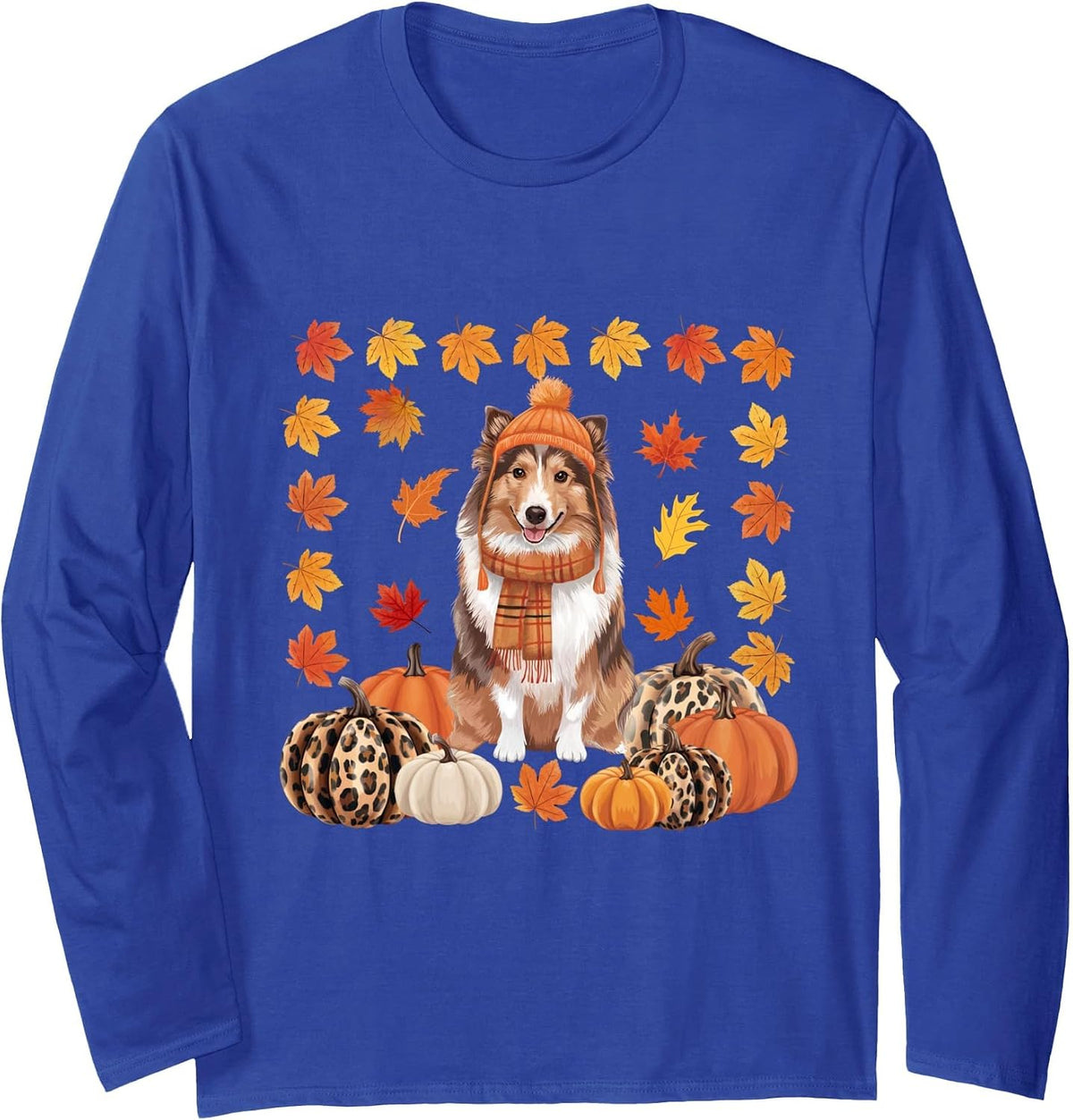 Sheltie Shetland Sheepdog Pumpkins Fall Leaves Halloween Long Sleeve T-Shirt - Adult Unisex Royal Blue