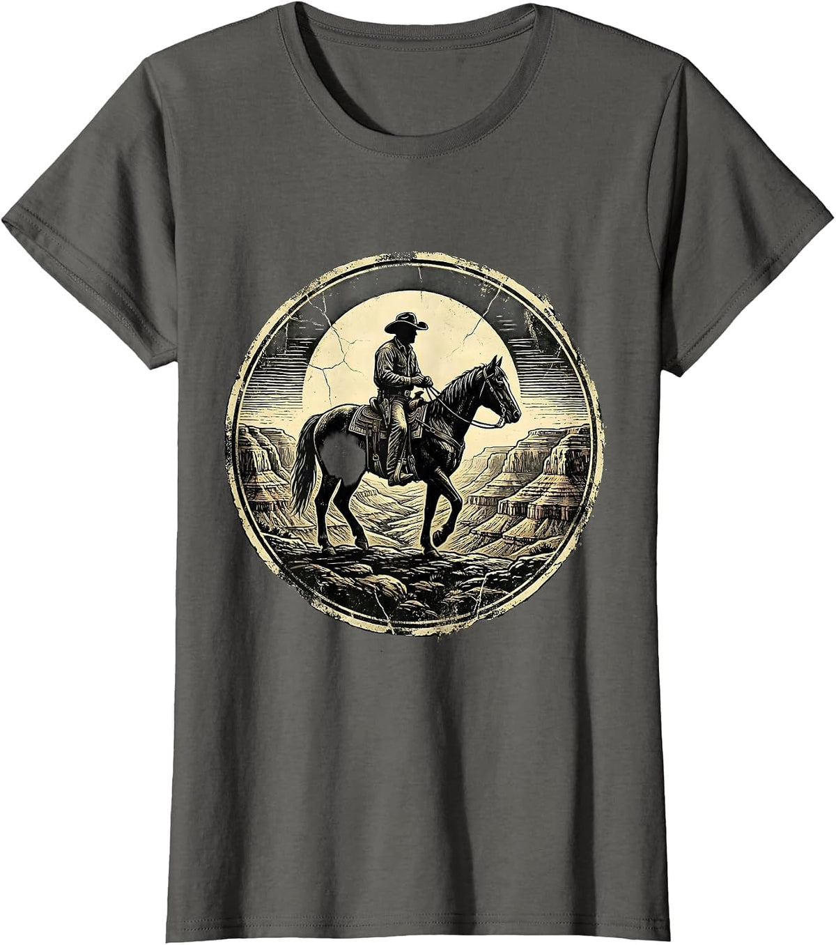 Women's Cowboy Silhouette Riding Into Canyon Sunset T-Shirt - Asphalt Grey